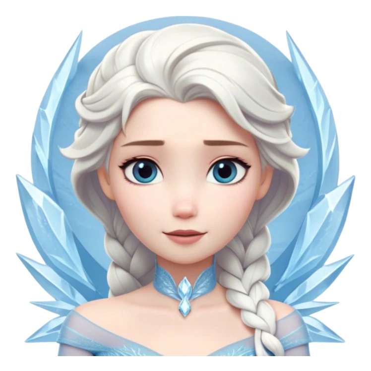 Cinematic Timeless Snow Queen Portrait Emoji, rendered in a clean, vector style. Depict Elsa with icy pale skin, intricately styled platinum hair, and a serene, regal expression, dressed in a minimalist ice-blue gown. The design features bold, simplified shapes, a soft, drowsy crystalline glow, and a subtle glowing outline, capturing the essence of timeless, majestic winter beauty. sticker