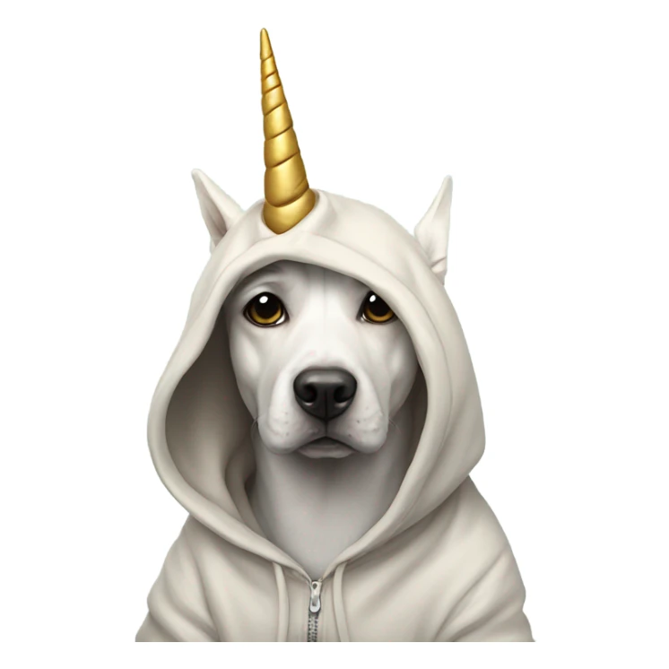 A dog wearing a hoodie with a unicorn horn sticker