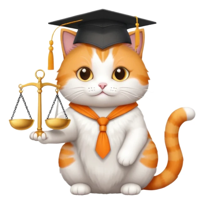 cat wearing a graduation cap, holding scales of justice sticker