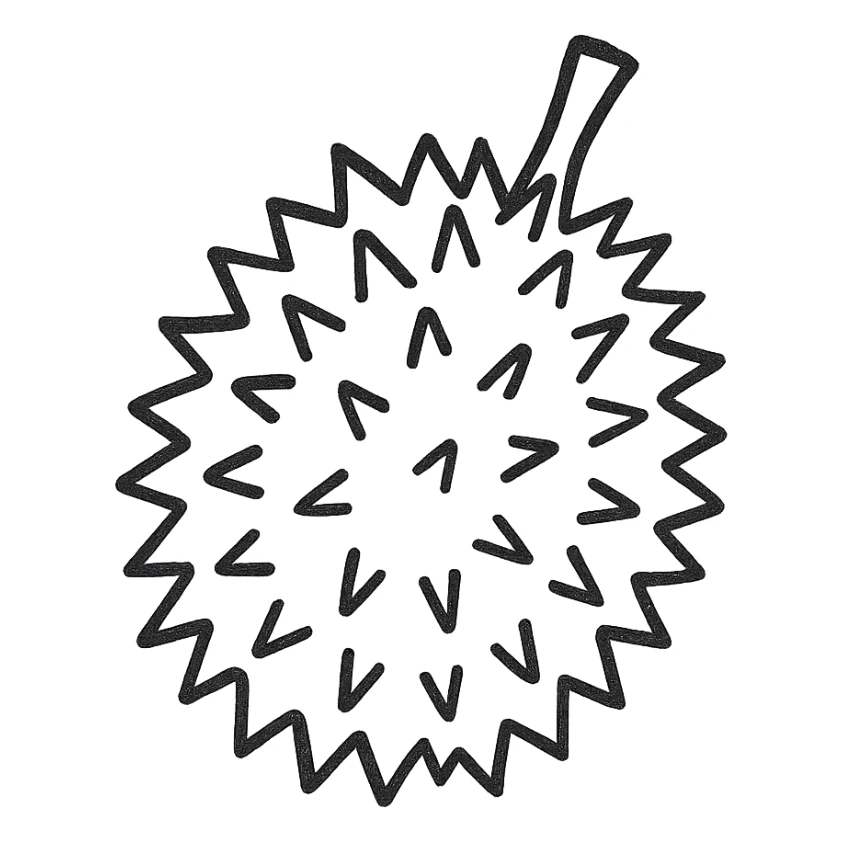 whole durian fruit, hand-drawn black outline, isolated on white background sticker