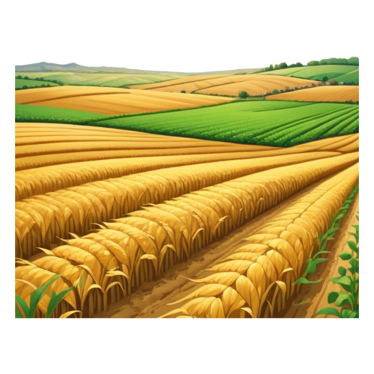 A vast, golden field stretching under a bright blue sky, with rows of crops swaying gently in the breeze. The sun casts a warm glow over the landscape, and the land is dotted with patches of green and earthy brown, creating a peaceful, rural atmosphere sticker