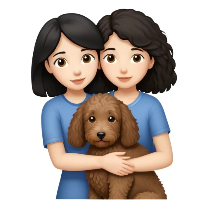 A girl with medium long black hair, hugging A little brown coated labradoodle. sticker