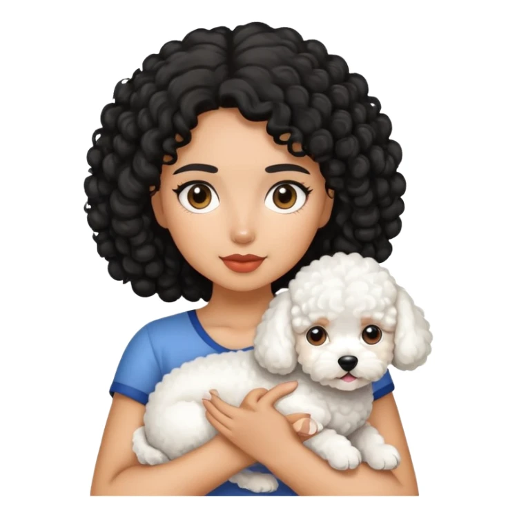 A girl with black curly hair hold a bichon dog sticker