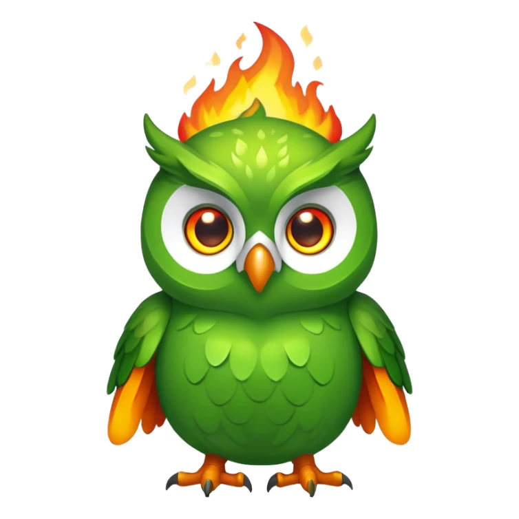 Duolingo green owl mascot with fire flames behind it sticker