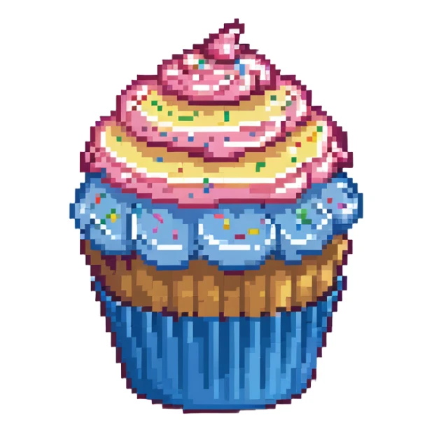 large cupcake with pink frosting, rainbow sprinkles, blue cupcake wrapper, pixel art style sticker