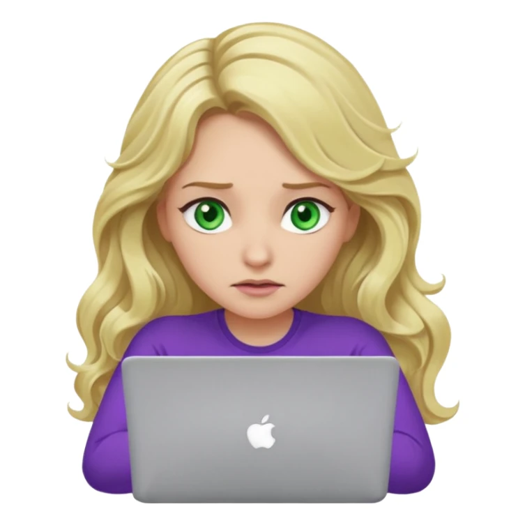 lady with long blonde wavy hair, purple top, green eyes throwing her with a laptop looking exhausted sticker