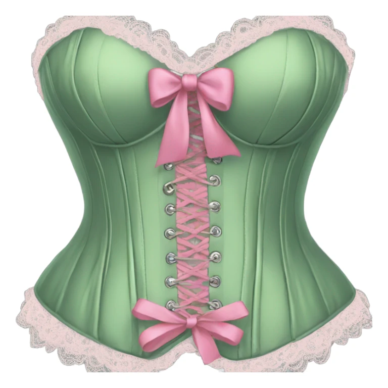 Sage green corset with pink lace and bows, isolated sticker