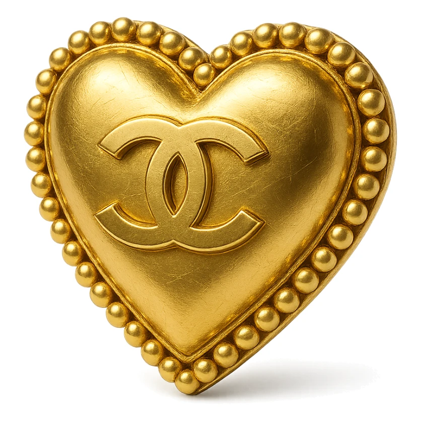 Classic Chanel heart, metallic gold finish, pearl border, interlocking C's, sophisticated and iconic sticker