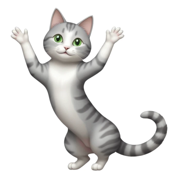 grey and white cat with green eyes doing a big extremely long stretch reaching up into the air with arms and legs side by side together straight and overextended whilst lying on its side sticker