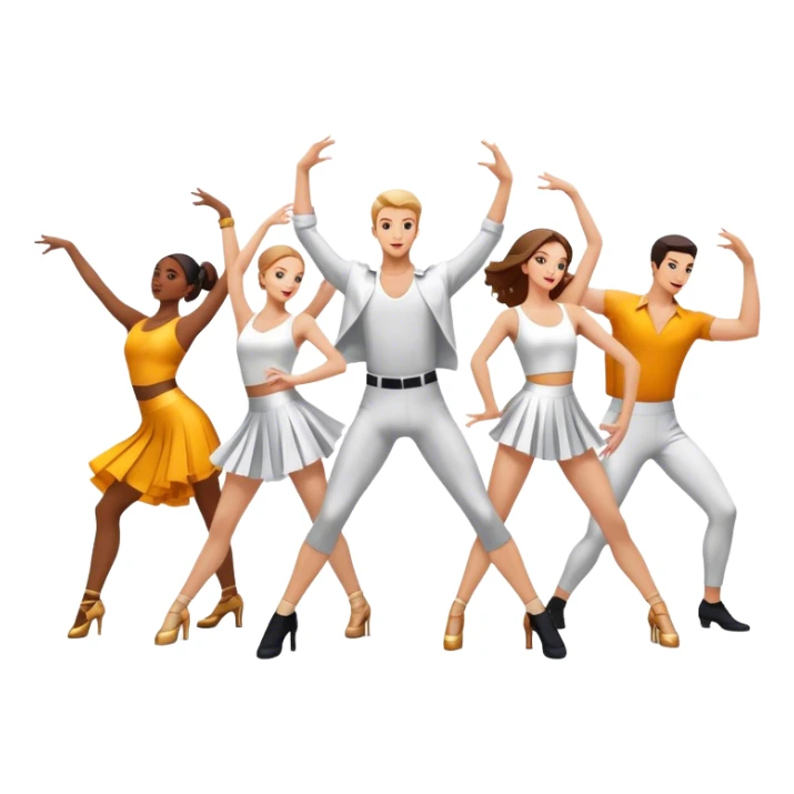 Icon for Contemporary Dance: a synchronized guys and girls group performance on stage with backup dancers in bright, modern outfits and dynamic lighting. The icon should capture the energy and coordination of a dance routine, with a focus on movement and stage presence. Transparent background. sticker