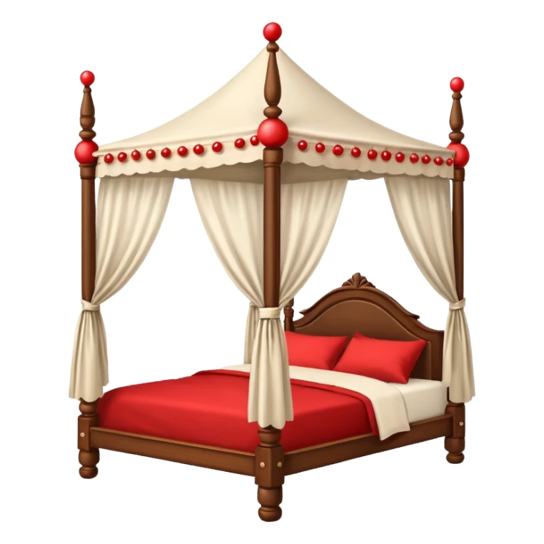 Wooden four poster bed with canopy handing small red balls on edge  sticker