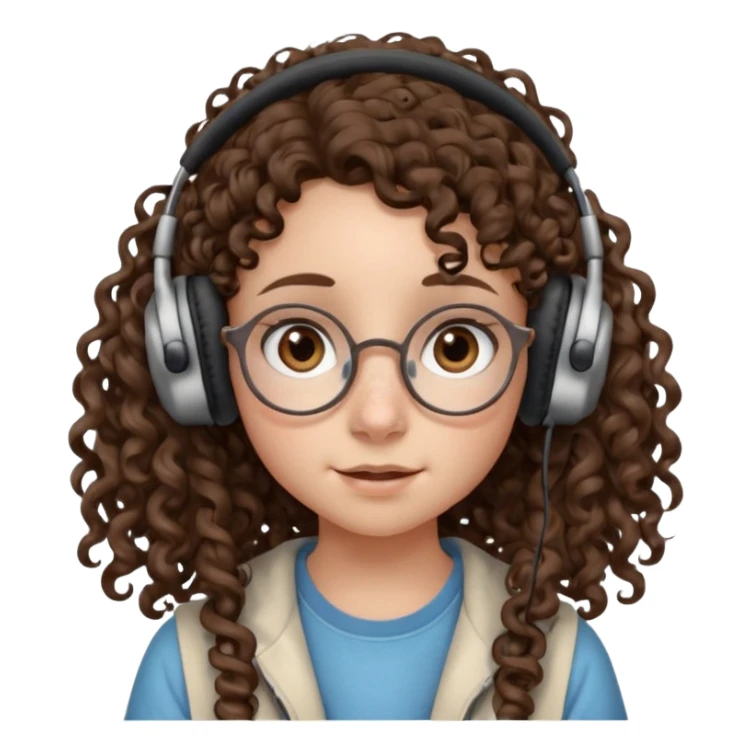 brunette kid with unique face features and very curly long hair kid girl neutral and very big nose and ears and dark eyes with freckles kind of nerd looking and headphone wearing sticker