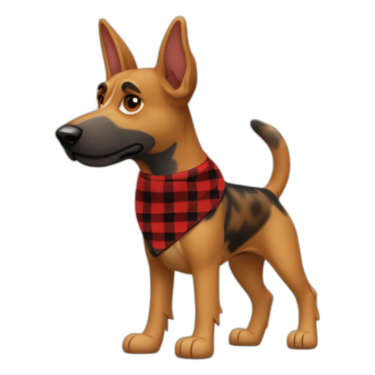 adult 75% Coonhound 25% German Shepherd mix dog with visible tail wearing small pointed red buffalo plaid bandana full body walking left quickly sticker