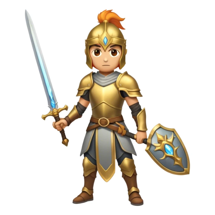 A full-body Warrior from an RPG game holding a two-handed long sword with brass armor with a bright aura  sticker