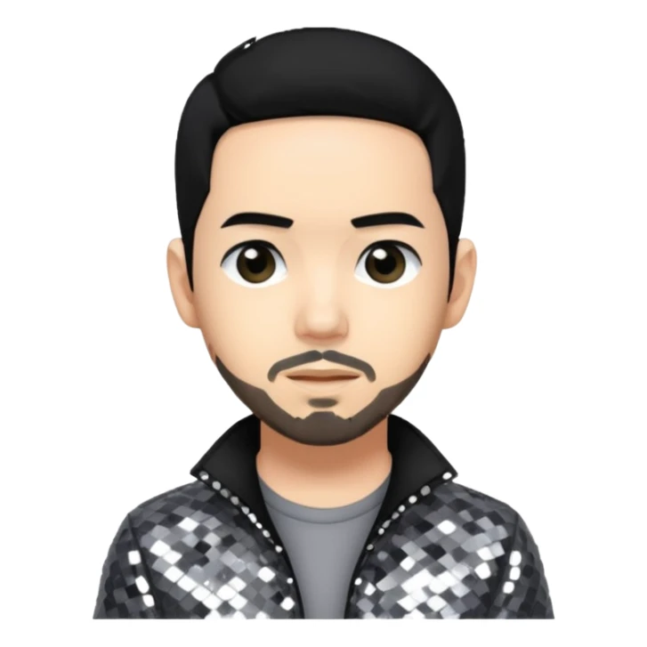 Mike Shinoda with jet black hair, gray sequin outfit sticker