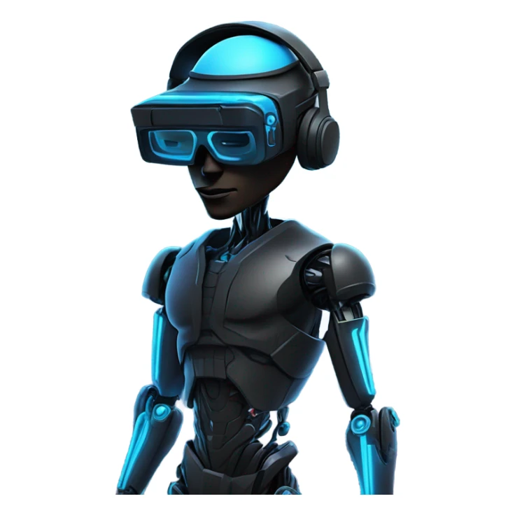 netrunner, cyberpunk hacker with mechanical glasses, black robot body, black vr headset, eyes covered, blue neon sticker