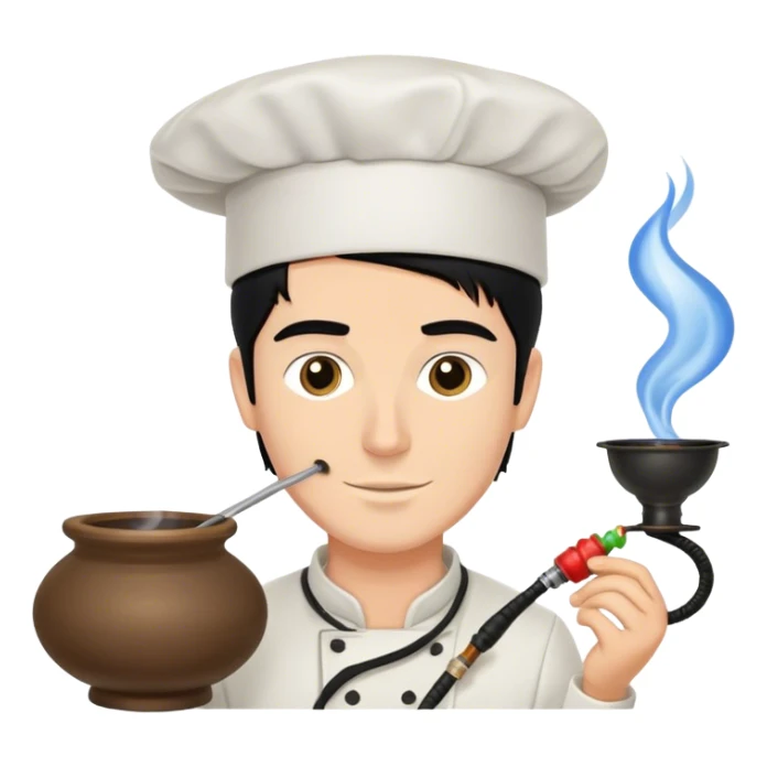 A white guy with black hair packing a hookah bowl with a chef hats  sticker