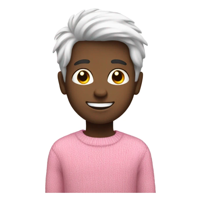 smiling boy in pink sweater with white hair that has black in middle sticker