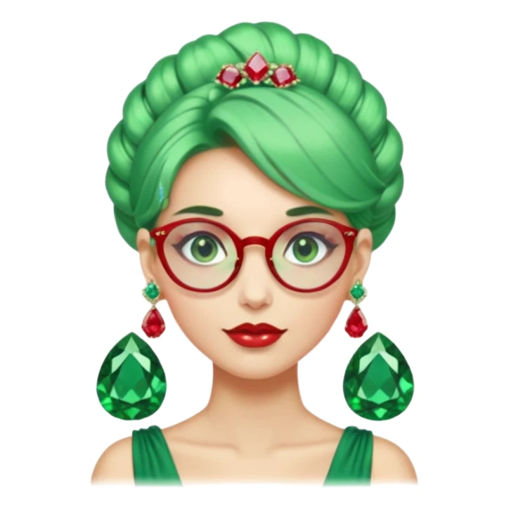 gem lover woman with gem accessories excessive amount gem glassess very big gem earrings green bun hair and red diamonds sticker