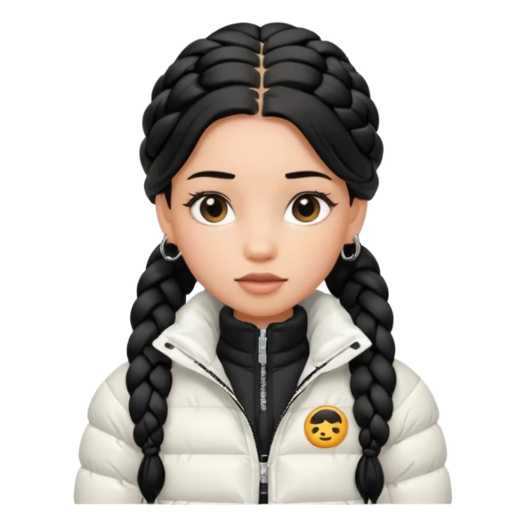 generate a pretty bratz girl with a WHITE puffer jacket, hoops, long braided hair black sticker