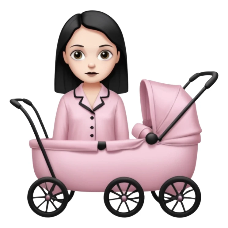 Full model stunning Wednesday Addams dark smoky eyeshadow in a unbuttoned Light pink silk pyjamas set and baby carriage  sticker