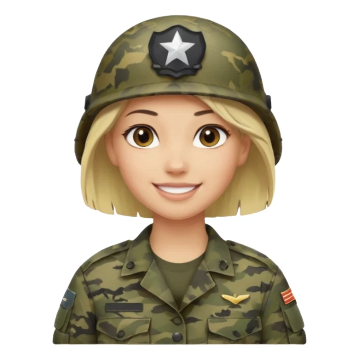 Apple-style emoji: female soldier, bust, no cap/helmet, friendly smile, generic camo top, blonde  black color hair sticker