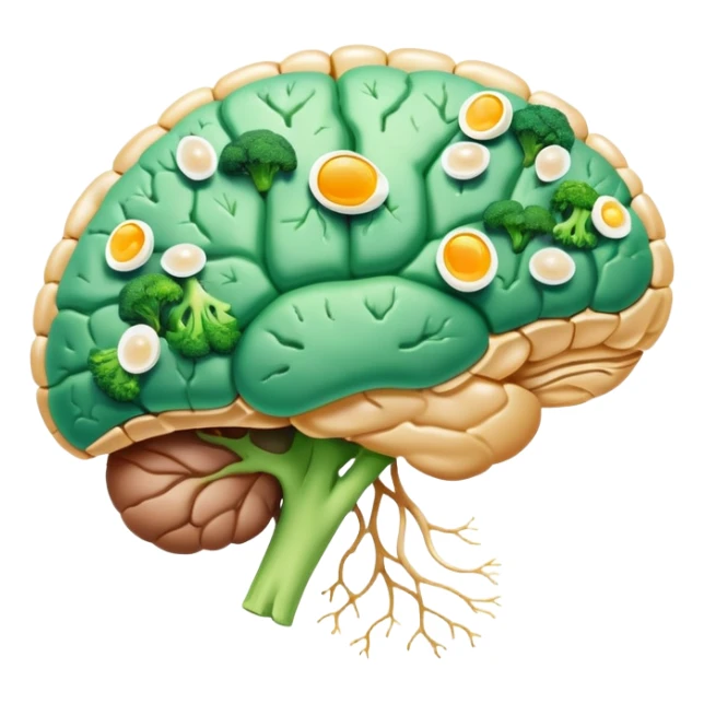 Glowing brain and liver connected by a pearlescent capsule, surrounded by choline-rich foods: eggs, liver, fish, and broccoli. Golden waves showing neural connections flow from the brain, with all elements having an ethereal glow representing cognitive benefits. sticker
