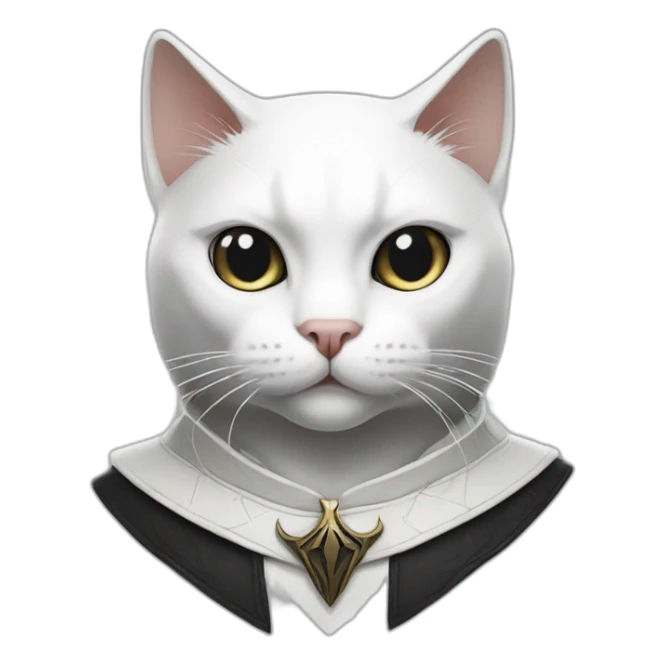 White cat with black assassin's creed logo on face sticker