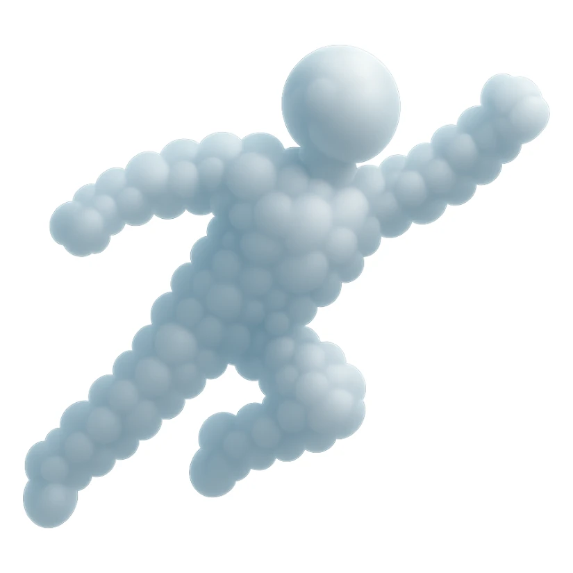 a person flying, fully composed of small very white fluffy convex clouds, matte glass style sticker