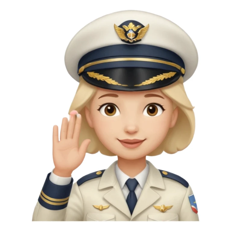 pilot wearing a captain hat, sheepish apologetic smile, small blush cheeks, giving a gentle salute, sticker