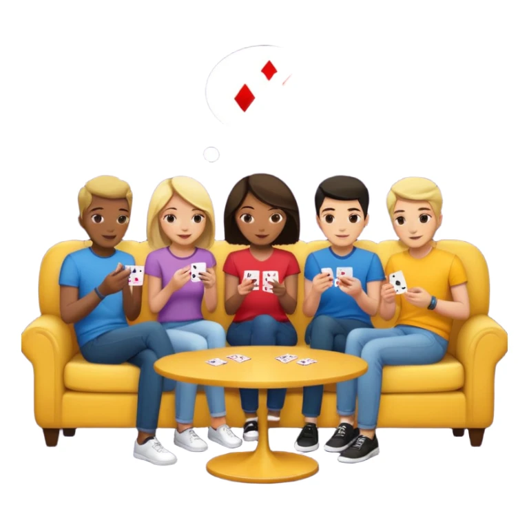 group of friends on couch playing a card game couch should be deep dark yellow color sticker