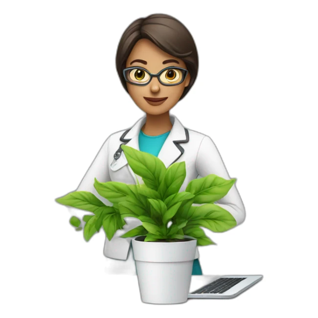 Woman Technologist with MacBook, green plant and cup of coffee sticker