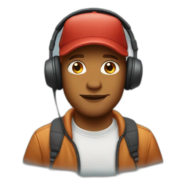 Man with red hair wearing headphones over a baseball cap sticker