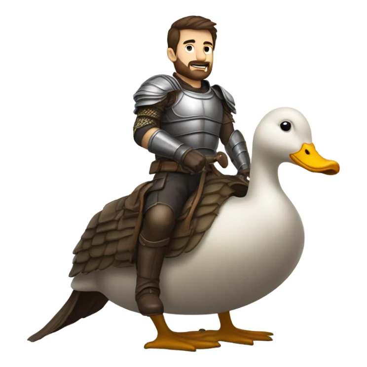 Confident armored White Man with dark brown hair and a short beard riding on the back of a giant armored duck sticker