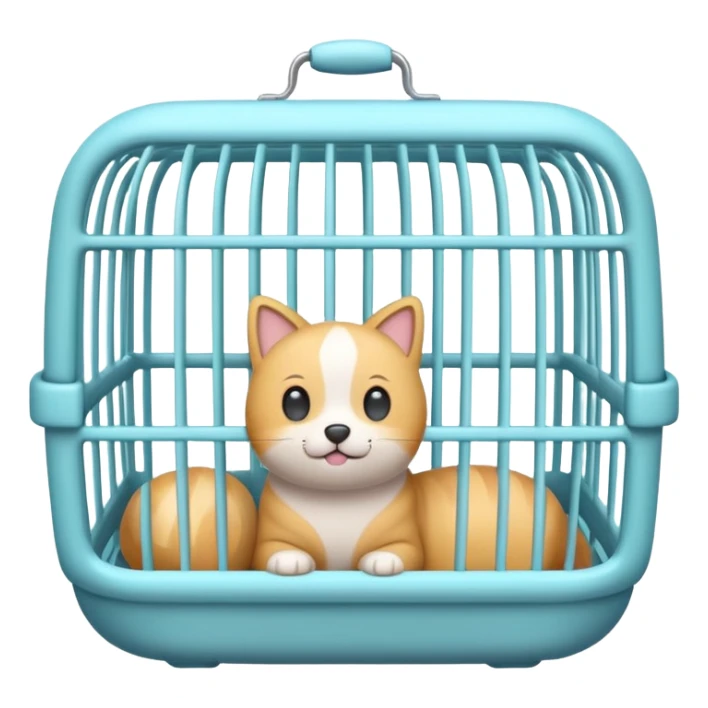 A cute emoji-style empty pet cage — cartoon look, rounded design, pastel colors, with vertical bars and a small handle on top. The cage is completely empty inside. No animals, no cats, no creatures — just the cage sticker