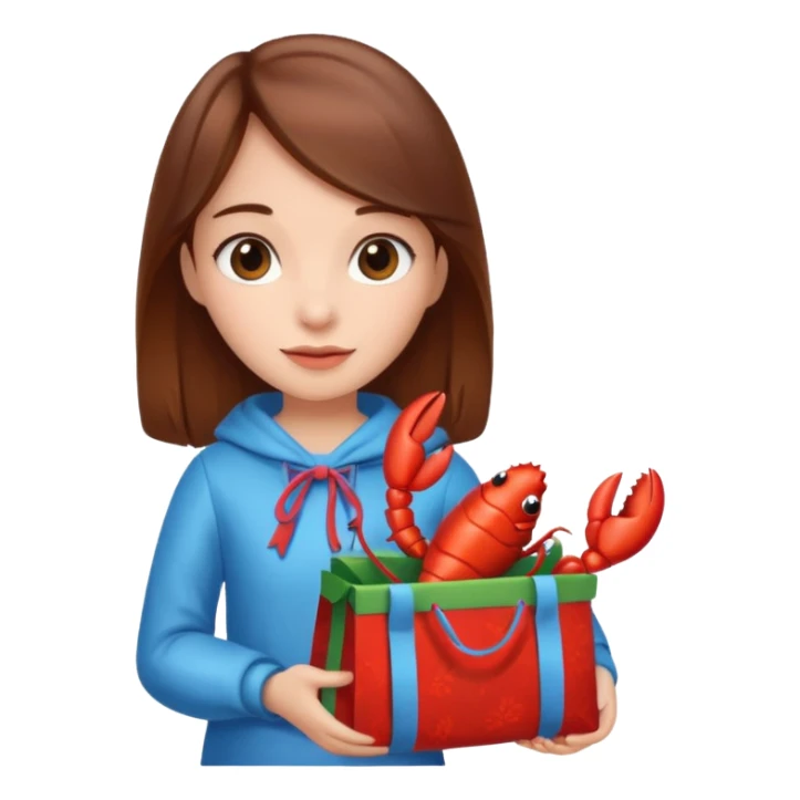 Cute girl brown hair holding gift bag with lobster inside sticker