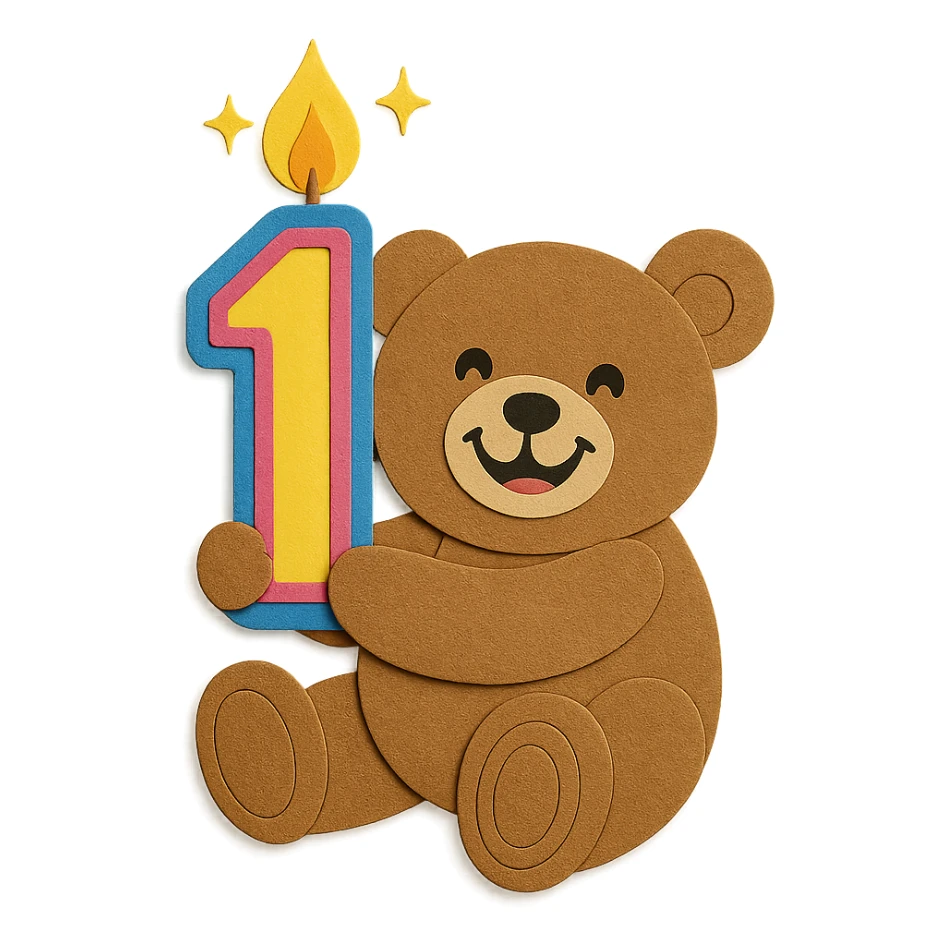 Make the bear look happy with a big smile, make the number '1' candle more colorful, and add 3 sparkles around the candle sticker