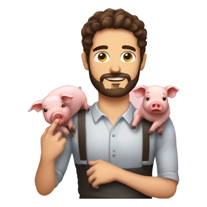 Brunette man with beard holding a pig and has a lot of bacon around  sticker