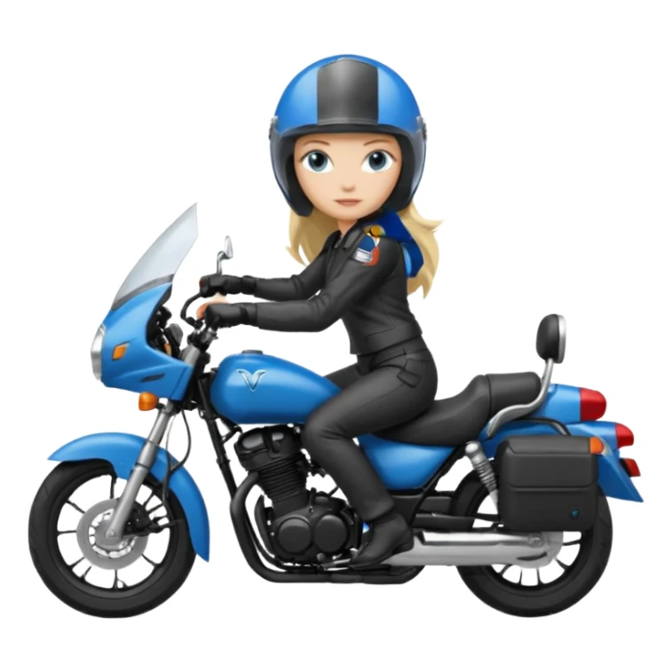 moça loira de cabelo comprido e olhos azuis com capacete em moto honda 150 preta em cima da moto sticker