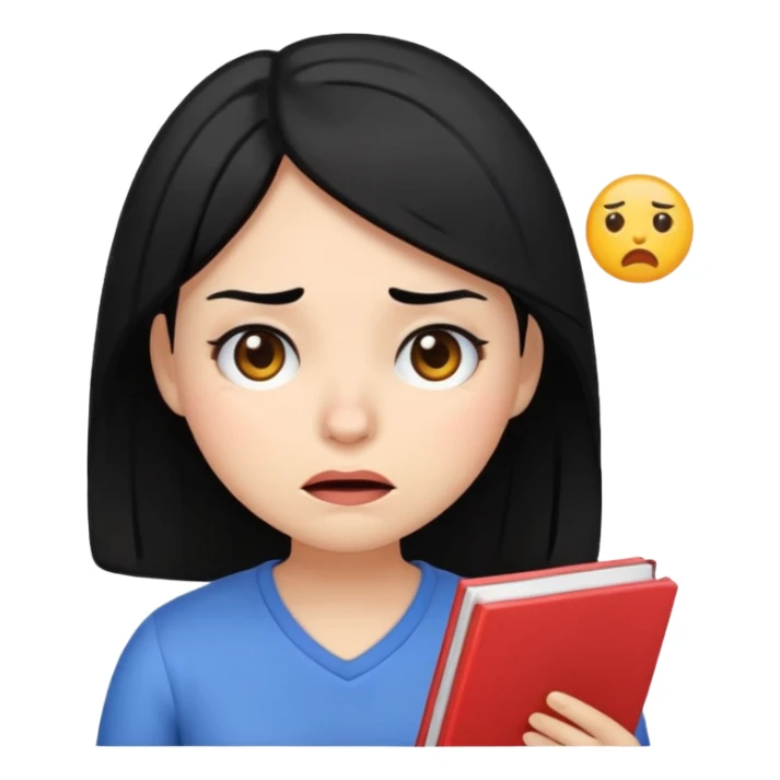 female emoji with black hair, looking tired from studying and doing activities, expressive face sticker