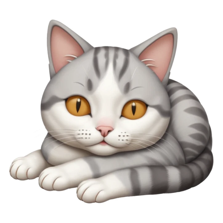 grey and white small cat with its eyes closed lying down with its paw holding up his head sticker
