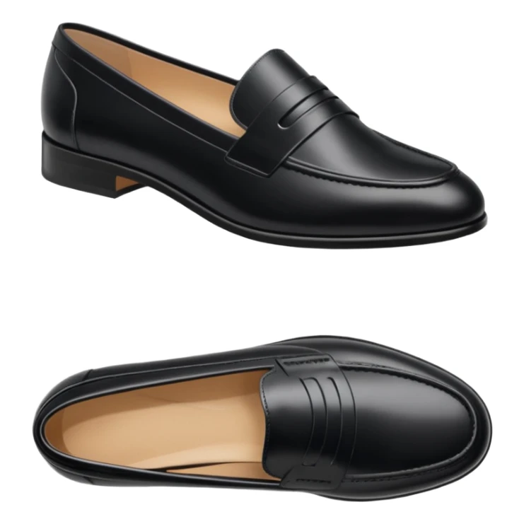Aesthetic black loafers emoji, soft pastel minimal illustration, smooth shiny leather, delicate highlights, simple cute proportions, fashion sticker style, clean white background, soft shadow, minimal luxury vibe, high resolution, centered, sticker