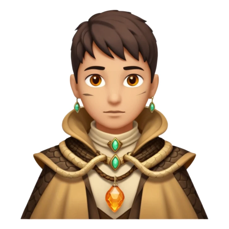 desert sand mage portrait, head and shoulders only, serpent-patterned cloak collar, snake charm necklace, sand vortex around shoulders, glowing amber eyes, 3D cartoon, mobile game icon style, clean background, no text, no watermark
 sticker