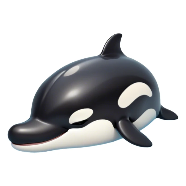 Meme-Worthy Cute Sleeping orca Portrait Emoji, Head resting peacefully with a contented smile, showcasing a smooth black-and-white body with gently drooping fins and eyes softly closed in serene slumber, Simplified yet adorably endearing features, highly detailed, glowing with a soft, drowsy deep-sea light, high shine, relaxed and utterly lovable, stylized with an air of playful oceanic laziness, soft glowing outline, capturing the essence of a sleeping orca that feels destined to become the next viral icon of adorable marine rest! sticker