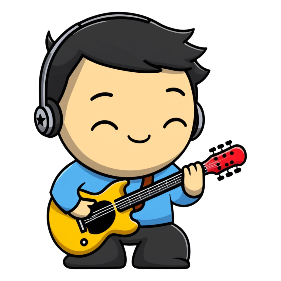 Musician's head and shoulders only, confident facial expression with half-closed eyes, subtle knowing smile, rockstar appearance, contemplating future success, no instruments sticker