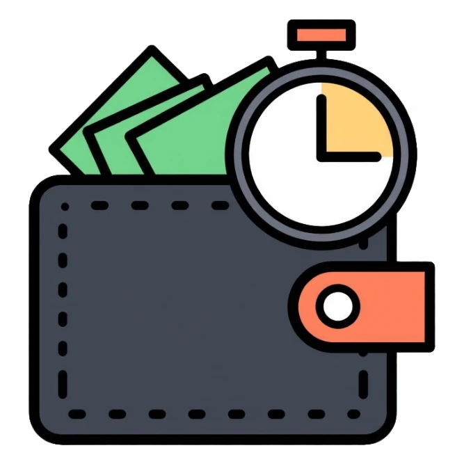 black wallet with dollars visible inside and a small clock in top right corner positioned over the wallet sticker