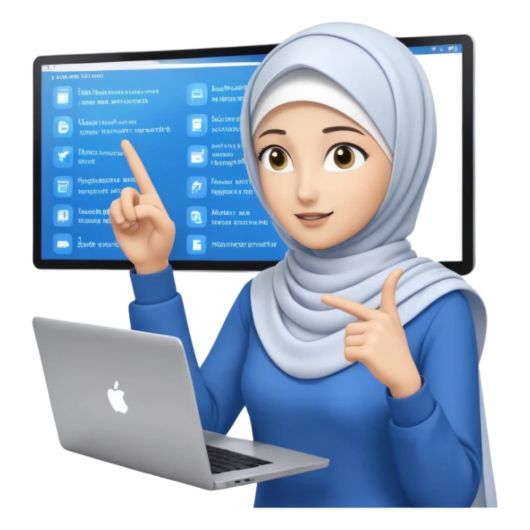 computer engineer with white hijab wearing blue outfit, pointing and gesturing at specific code elements and features on the large digital screen behind her, laptop in front of her, explaining particular parts of her metaverse creation in detail sticker