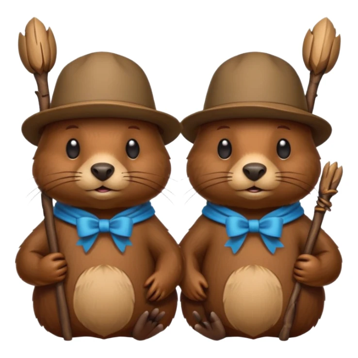 add a bow on the head of one beaver with another beaver without a bow on its head in a lodge of sticks and logs sticker