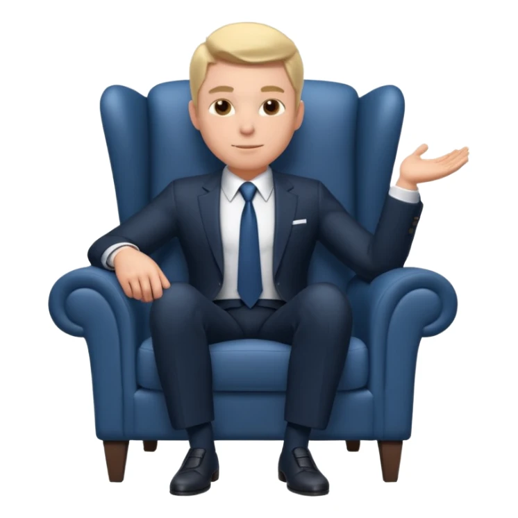 businessman sitting in an armchair, confident relaxed pose, formal suit and tie, professional corporate vibe, 3D cartoon style, mobile game icon style, clean background, no text, no watermark
 sticker