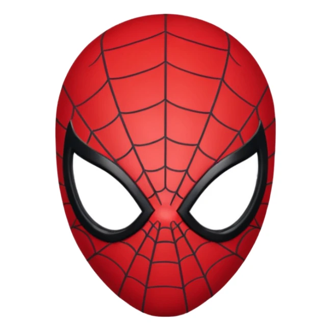 Spider-Man head with black mask, red web lines, big red eyes, minimal, clean, rounded, 3D shading, front-facing sticker
